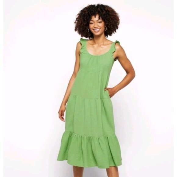 Marine Layer Womens Jude Gauze Tiered Flutter Sleeve Midi Jade Dress Size M - Picture 1 of 8